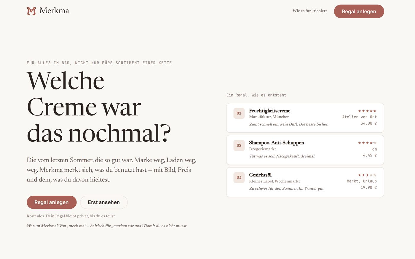 Merkma-Startseite: Überschrift „Welche Creme war das nochmal?“ neben einer Liste gespeicherter Produkte mit Bewertung und Preis.